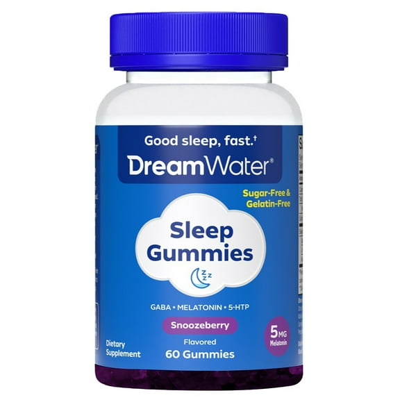 Dream Water Sleep Gummies, Sugar-Free, Gelatin-Free; Blend of 3 Ingredients, GABA, 5mg Melatonin & 5-HTP;  Snoozeberry, 60 Gummies