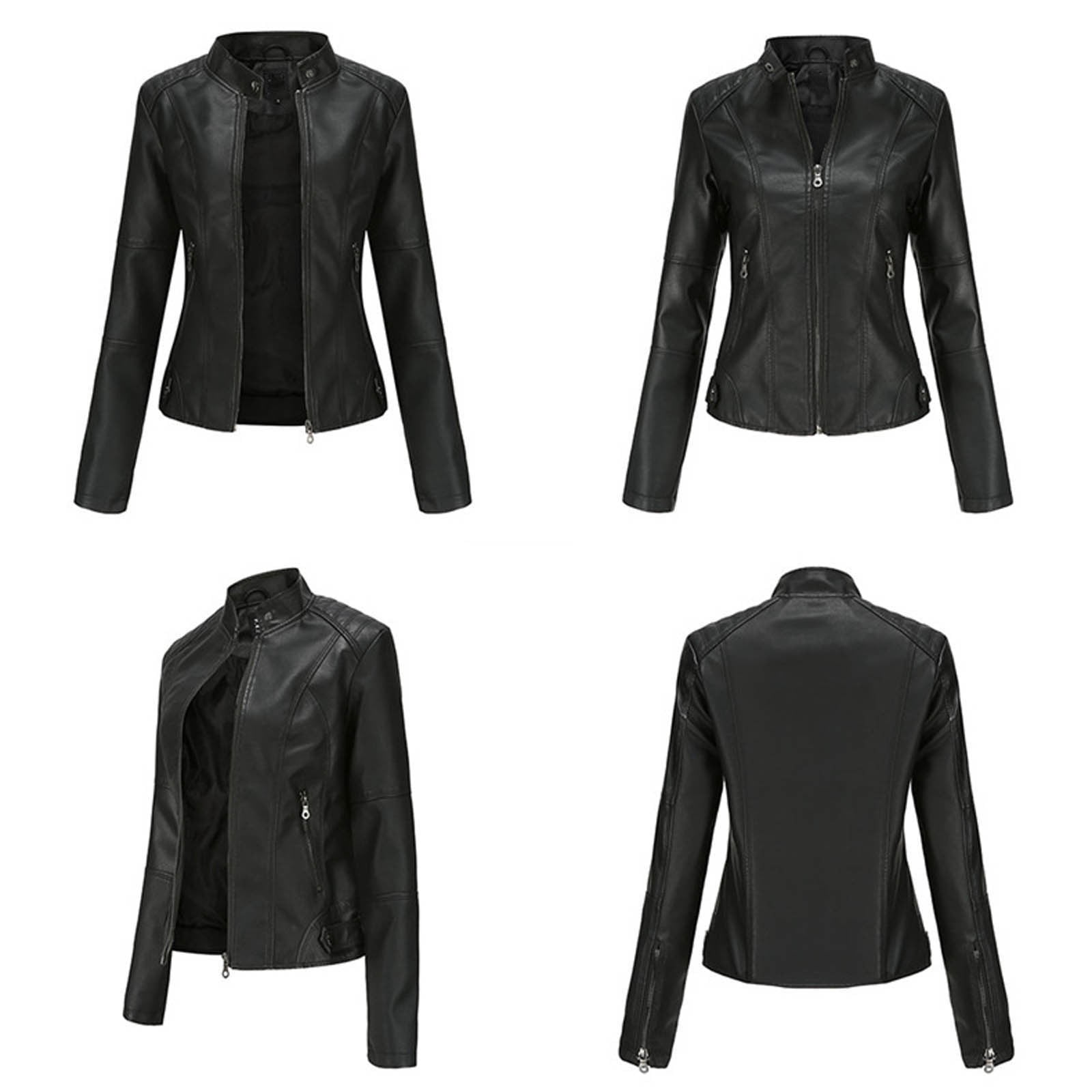 CFLVAEK Faux Leather Jackets for Women Plus Size Motorcycle Coat with Pockets Casual Zip Up Fall Outwear Solid Long Sleeve Slim Fitted Jacket Black XL