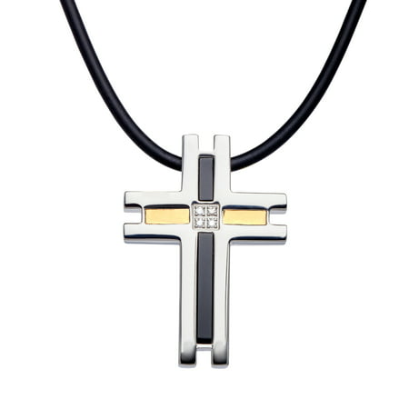 Befitting Men's Onyx Cross Pendant with Diamonds in Stainless Steel & 18kt Gold