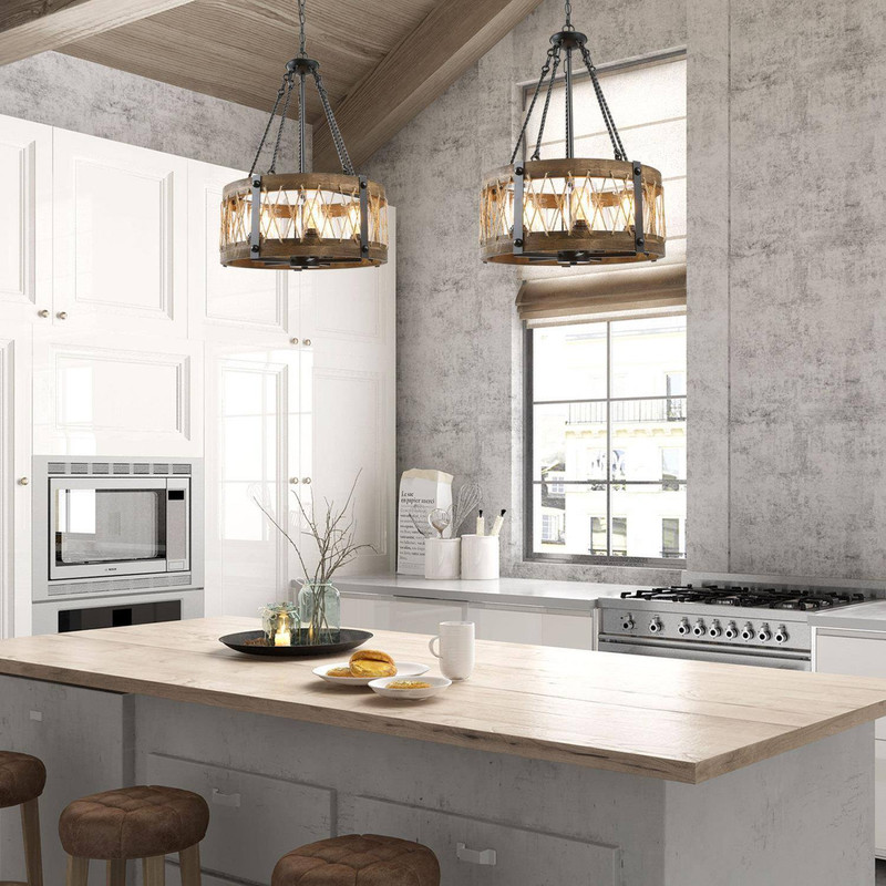 LNC 4-Light Farmhouse Drum Chandelier with Rope Accents and Clear Glass Shades in Wood and Black Finish