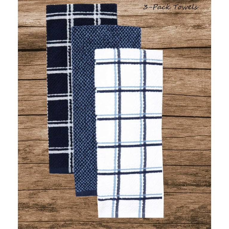 Navy and White Mixed Check Towels, Set of 3