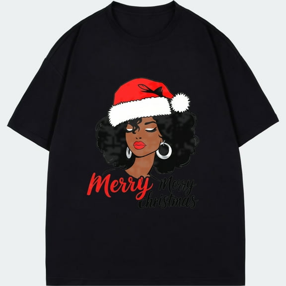 Black T Shirt With African American Woman Wearing Santa Hat And Merry Christmas Text For Holiday Season