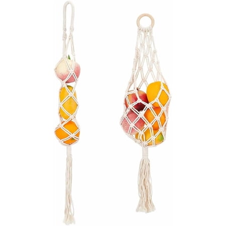 2Pcs 2 Style Hanging Fruit Macrame Net Floral White Fruit Veggies Hanging Storage Net Cotton Woven Fruit Net Bag Boho Hanging String Storage Net for Kitchen Fruit Vegetable Potatoes DIY
