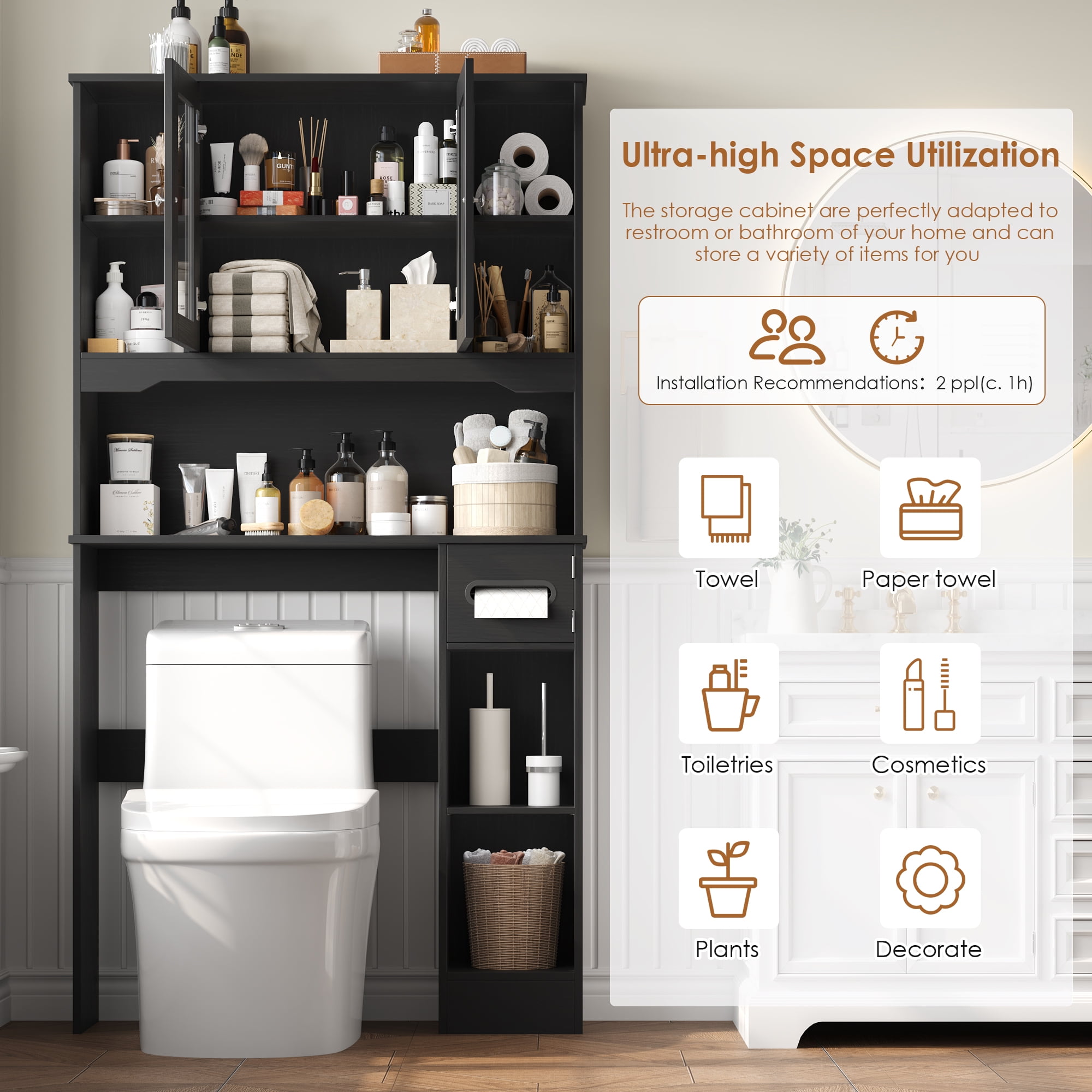 Homfa Over The Toilet Storage Cabinet with Toilet Paper Holder Stand, Above Toilet Organizer with Glass Doors, Behind Toilet Shelf for Restroom, Bathroom, Laundry, Black