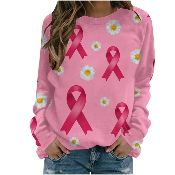 IROINNID Pink Breast Cancer Top for Women Pink Ribbon Loose Long Sleeve Round Neck Printed Ladies Sweatshirt Tops Blouse,Pink