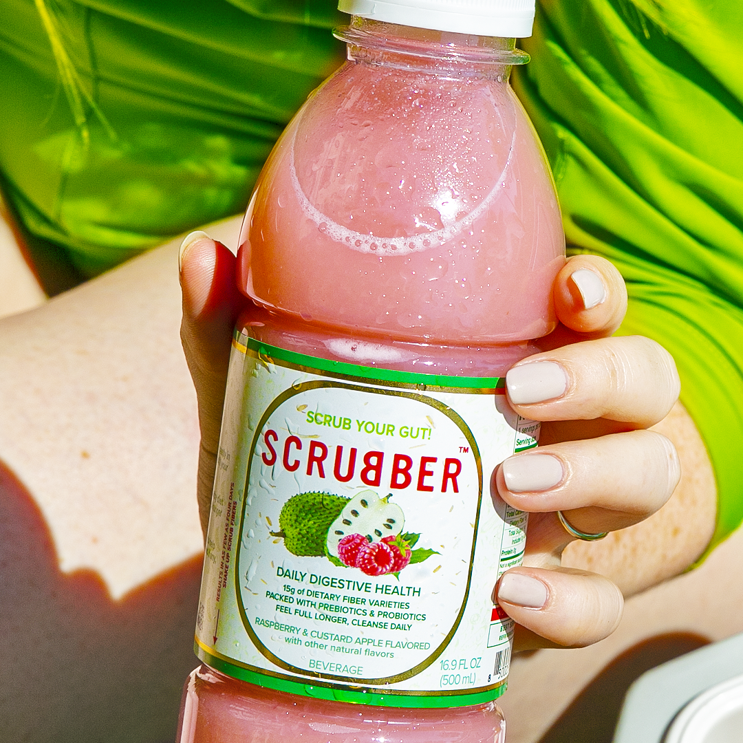 Scrubber Fiber-Infused Fruit Juice w/ Probiotics + Prebiotics for Daily Digestive Health, Immune Support, Regularity & Weight. 16.9 OZ Natural Beverage, Raspberry & Custard Apple, 12-Pack