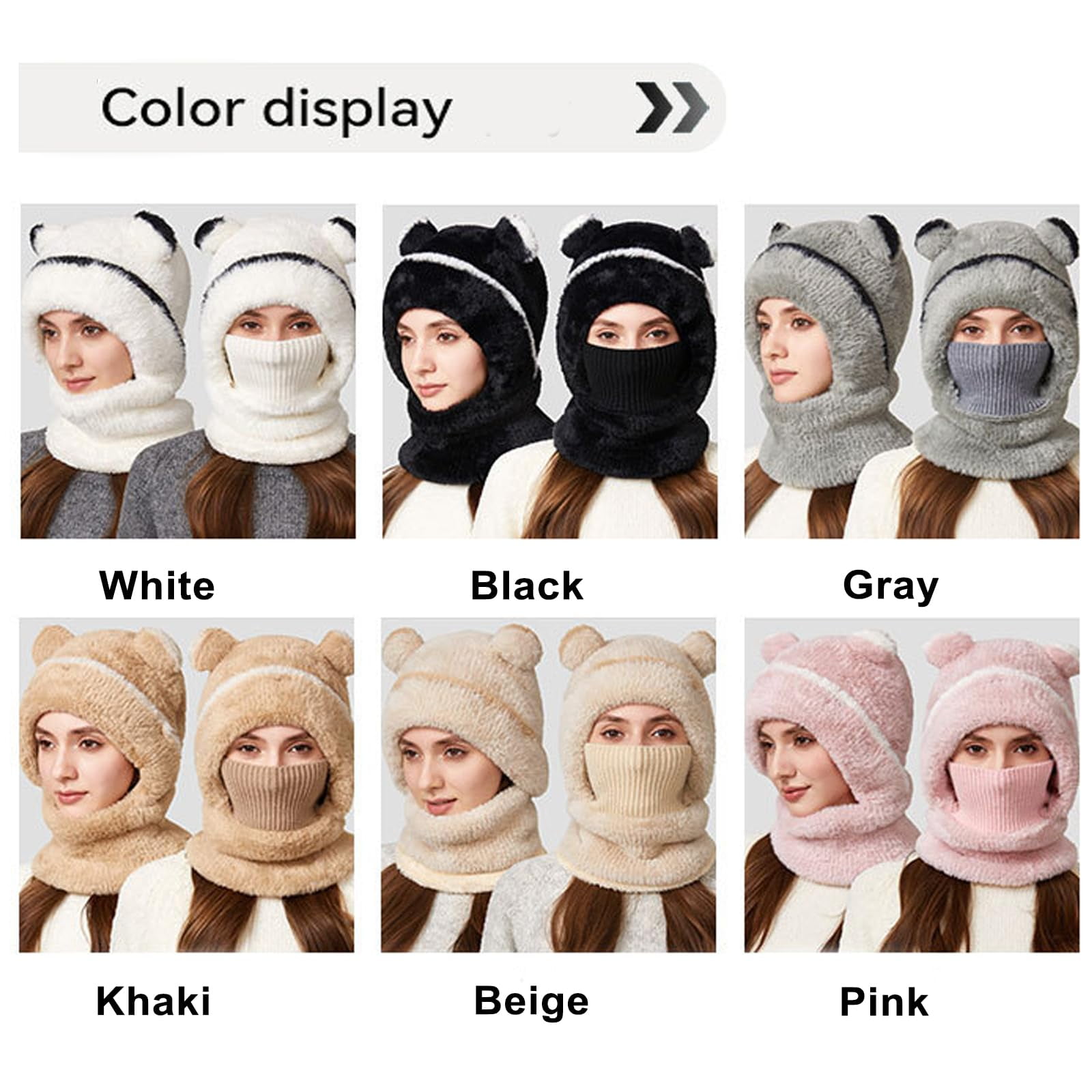 Bear Mask Cap, 3 in 1 Beanie Hat with Scarf and Mask, Winter bears Balaclava Hat, Fleece Beanie Hats with Bear Ears for Women