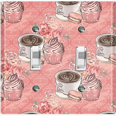Metal Light Switch Wall Plate Outlet Cover (Coffee Mocha Espresso Heart Cupcake Macaron Flower Bouquet Damask Pink - Double Toggle)