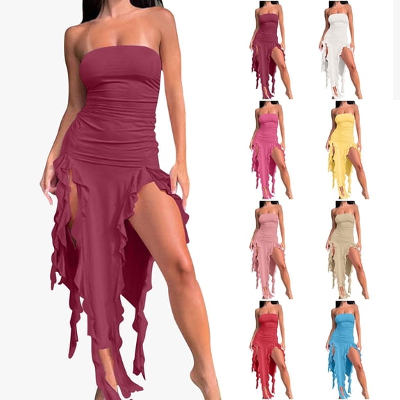 Antinious Ladies Summer Dress,Elegant Dresses for Women,Holiday Dresses for Women Personality Wrapped Chest Irregular Dress,Wine,S