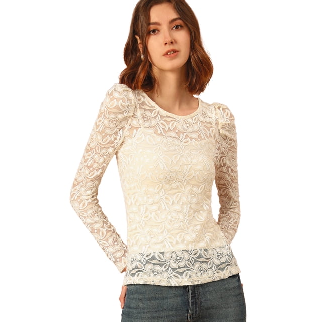 Top de encaje de blubordade manlarcon soplo semitransparente vintage pamujer Beige XXL