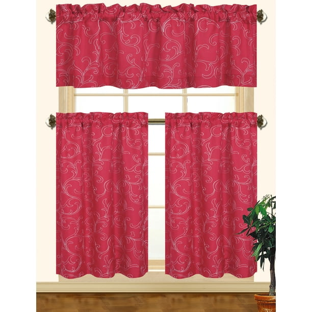 Kashi Home Chelsea 3pc Scroll Embroidered Decorative Kitchen Curtain