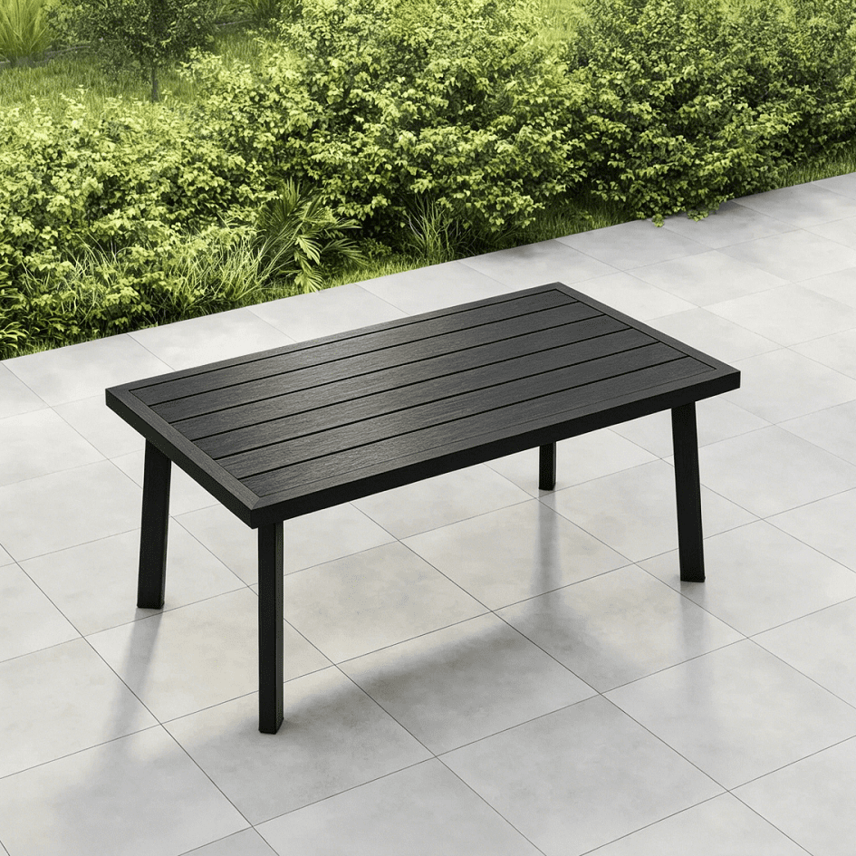 35 in Patio Rectangle Coffee Table with Wood Grain Texture, Black