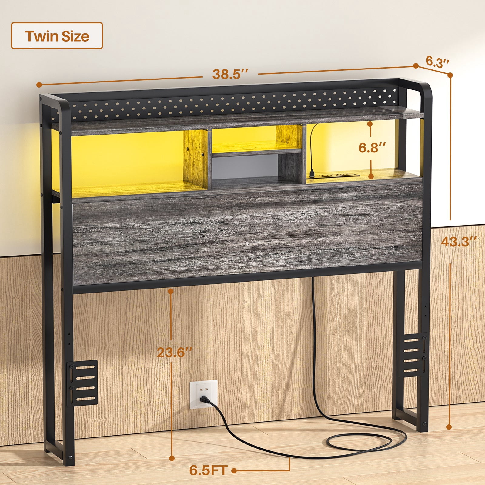 iSunirm Twin Headboard Only, Headboard for Twin Size Bed with Outlets and Storage, Bookcase Headboard with LED Lights, Height Adjustable, Sturdy and Easy Assembly, Black Oak