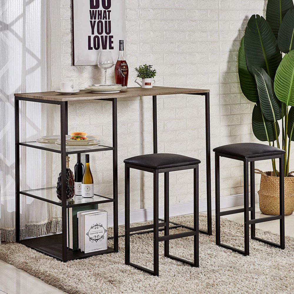 Glass Shelf Dining Set for 2 Counterheight Table Set with Storage