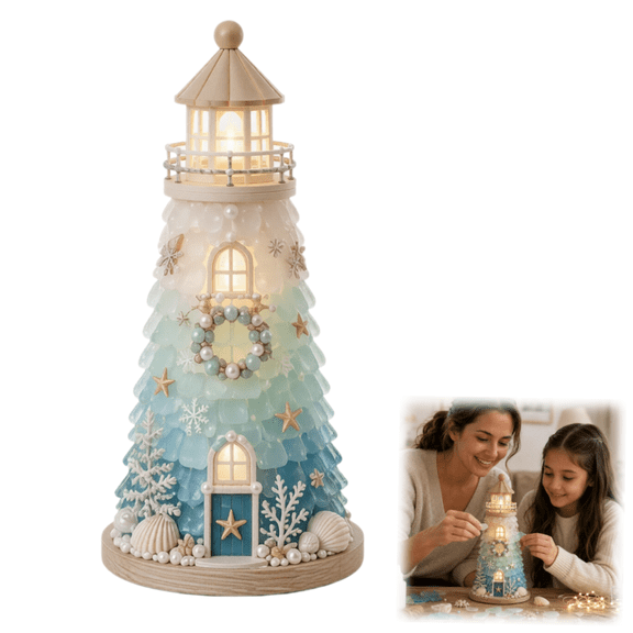 DIY Lighted Sea Glass Lighthouse Kit, 7.3" Coastal Christmas Ocean Glass Nautical Lighthouse Craft Kit with LED Lights, Sea Shells & Pearls, Home Decor Gift for Beach Lovers