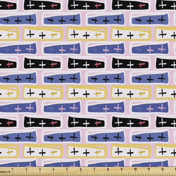 Geometric Fabric by the Yard, Hand Drawn Art of Signs in Rectangles, Decorative Upholstery Fabric for Chairs & Home Accents, Pale Blue Multicolor by Ambesonne