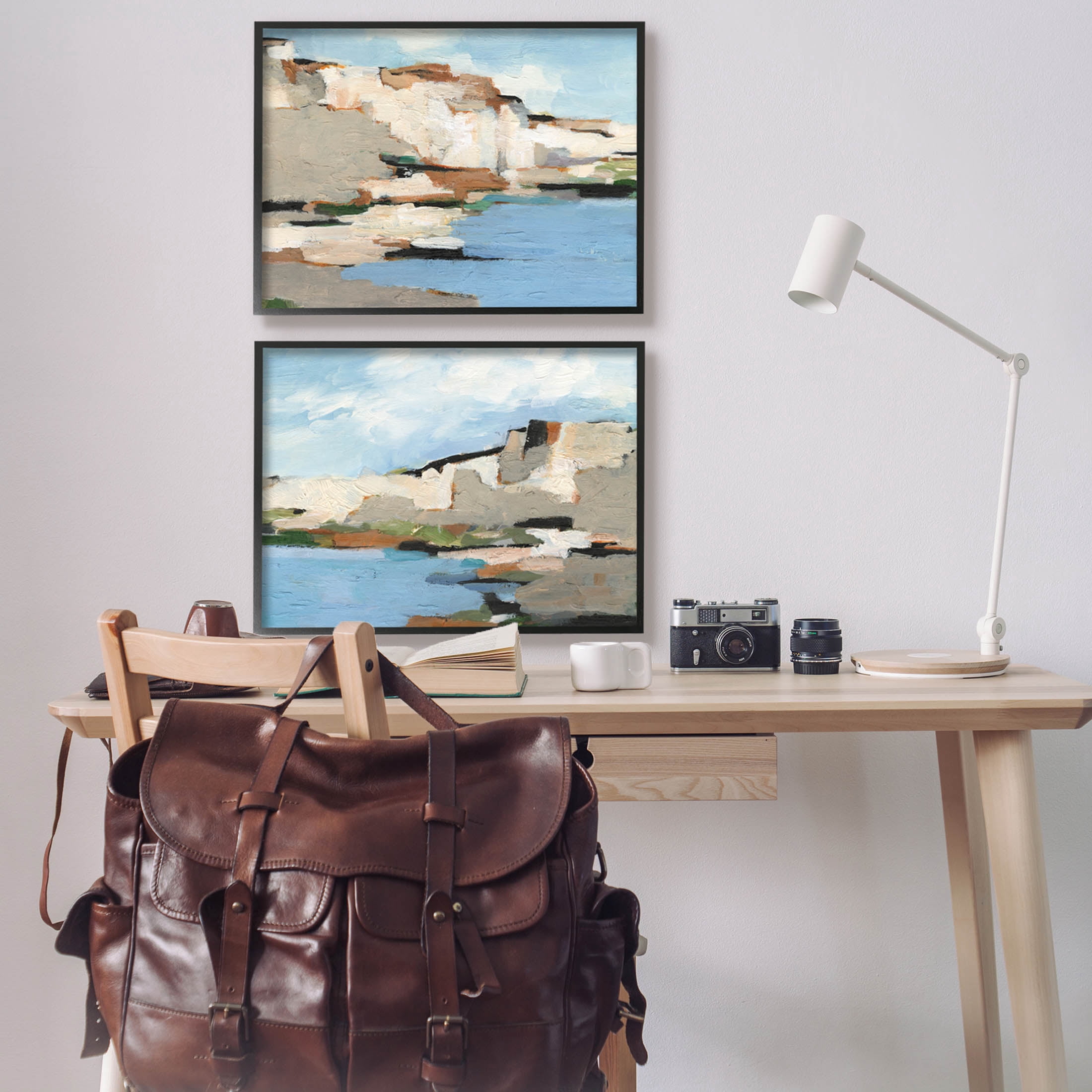 Seaside Cliff Modern Landscape Landscape Painting Black Framed Art Print Wall Art, Set of 2