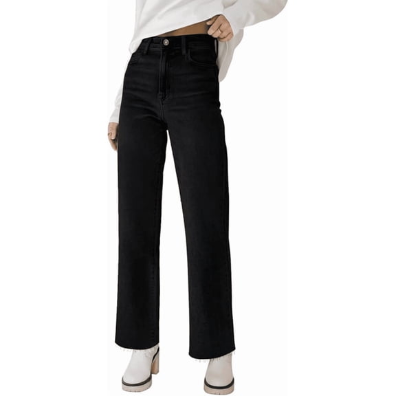 NICELF Women's Straight Leg Jeans – High Waisted Elastic Waist Cropped Denim Pants with Frayed Hem, Casual Loose Stretchy Trousers Wide Leg Jeans for Women Trendy, Black