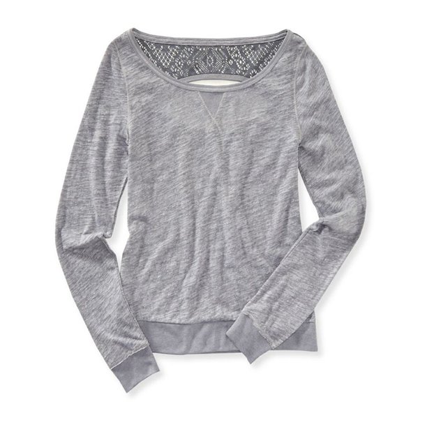 Aeropostale - Camiseta básica para mujer con espalda de ganchillo, gris, XS Aeropostale Camiseta básica