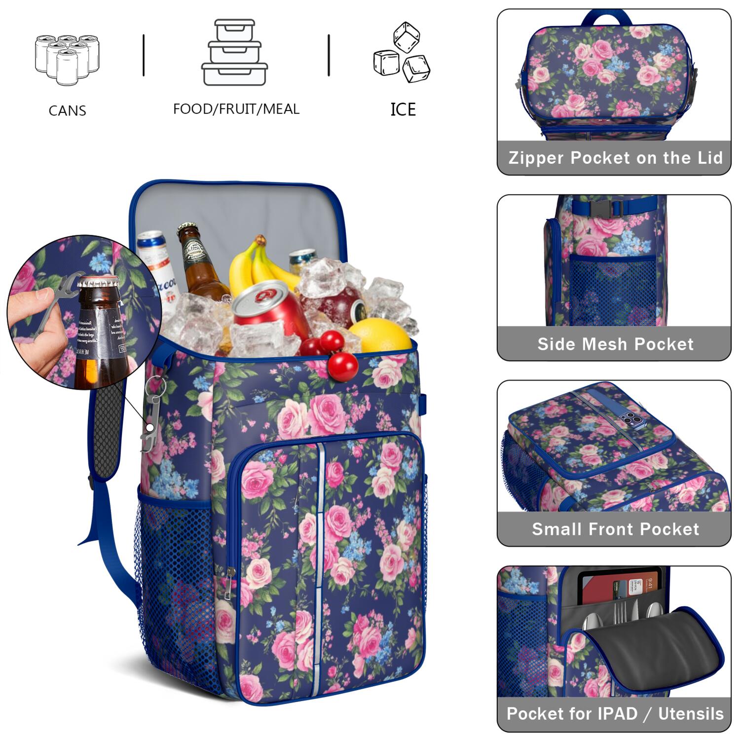 Travel Cooler Bag - Pioneer Flower Floral Print Pattern Camping Beer Cooler Backpack with Bottle Opener- Waterproof Insulated Picnic Backpacks - Cooler Bag for Beach