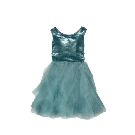 Biscotti Little Girls Aqua Sequin Vertical Ruffle Tulle Christmas Dress