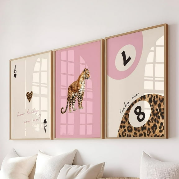 Luvia Pink Leopard Cheetah Set Of 3 How Lucky Are We Lucky 8 Ball Cheetah Posters Coquette Room Decor Maximalist Dorm, Modern Wall Decor Set 3 Prints 8x12 UNFRAMED