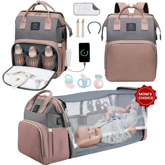 Diaper Backpack, Baby Diaper Bag Backpack for Boys& Girls, Large Capacity Baby Changing Bag w/ Foldable Crib & Insulated Milk Bottle Pocket - Waterproof and Stylish (Pink)