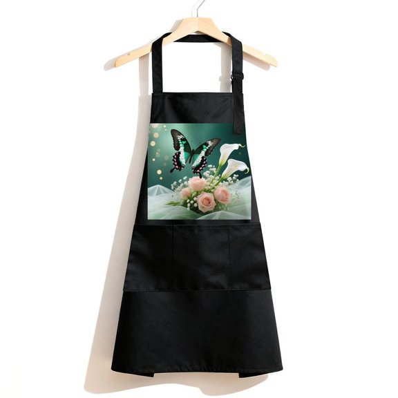 RKSupls Waterproof Bib Apron with 3 Pockets, Flower Butterfly White Calla Lily Pink Rose Spring Flowers Bouquet Adjustable Neck Strap Soft 100% Polyester Water Resistant Apron for Kitchen Restaurant