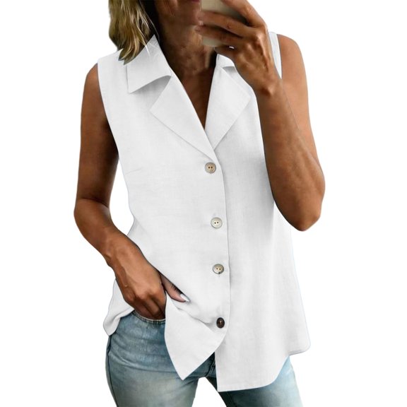 BUIGTTKLOP Sleeveless Cotton Linen Blazers for Women Summer Business Casual Vest Jackets Lightweight Button down Collared Waistcoat