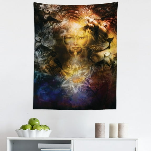 Fantasy Tapestry, Woman Portrait Lion and Flower Pattern Phoenix Bird Motif Abstract Illustration, Fabric Wall Hanging Decor for Bedroom Living Room Dorm, 5 Sizes, Multicolor, by Ambesonne
