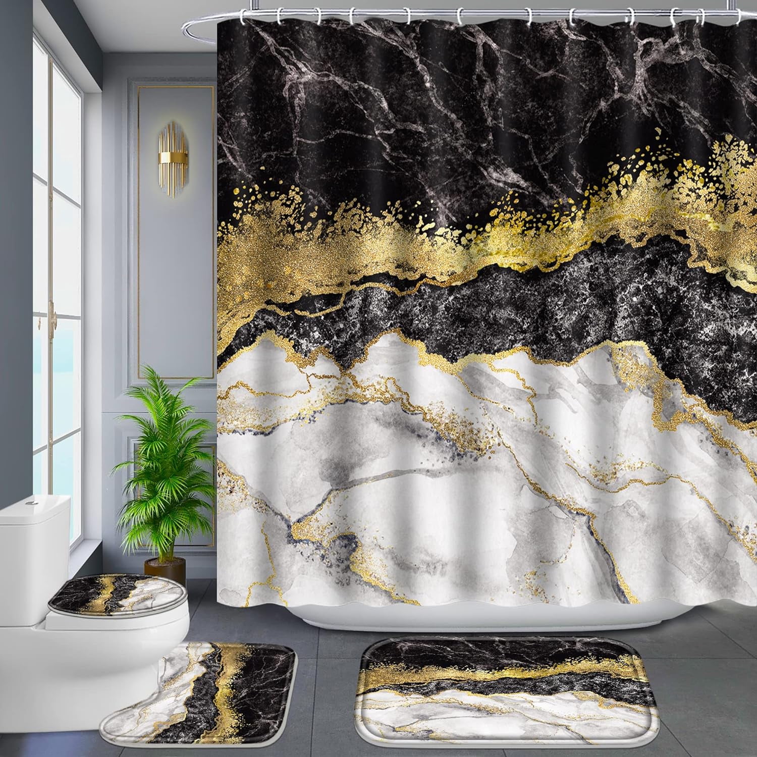 FRAMICS Black Gold Marble Shower Curtain Sets with Rugs, 16 Pc Modern Abstract Bathroom Sets, Waterproof Fabric Bathroom Curtain Decor with Hooks