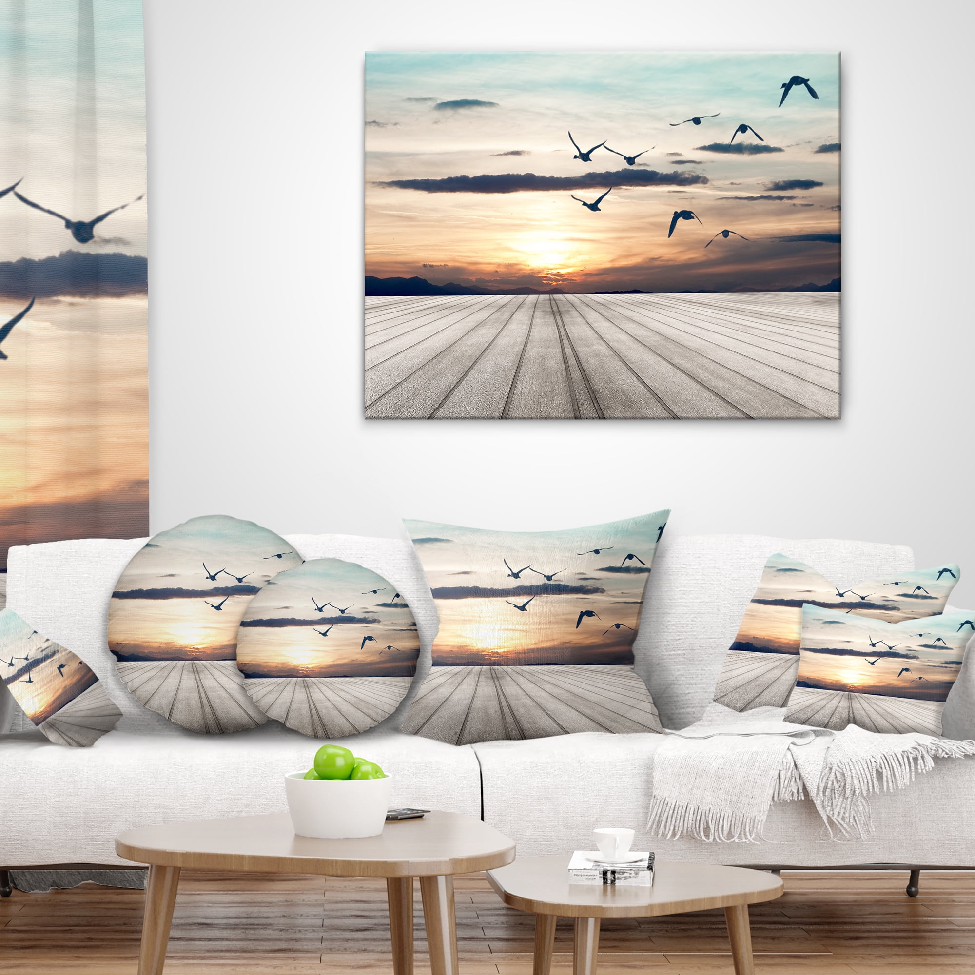 Designart Wooden Floor Sunset - Seashore Throw Pillow - 18x18