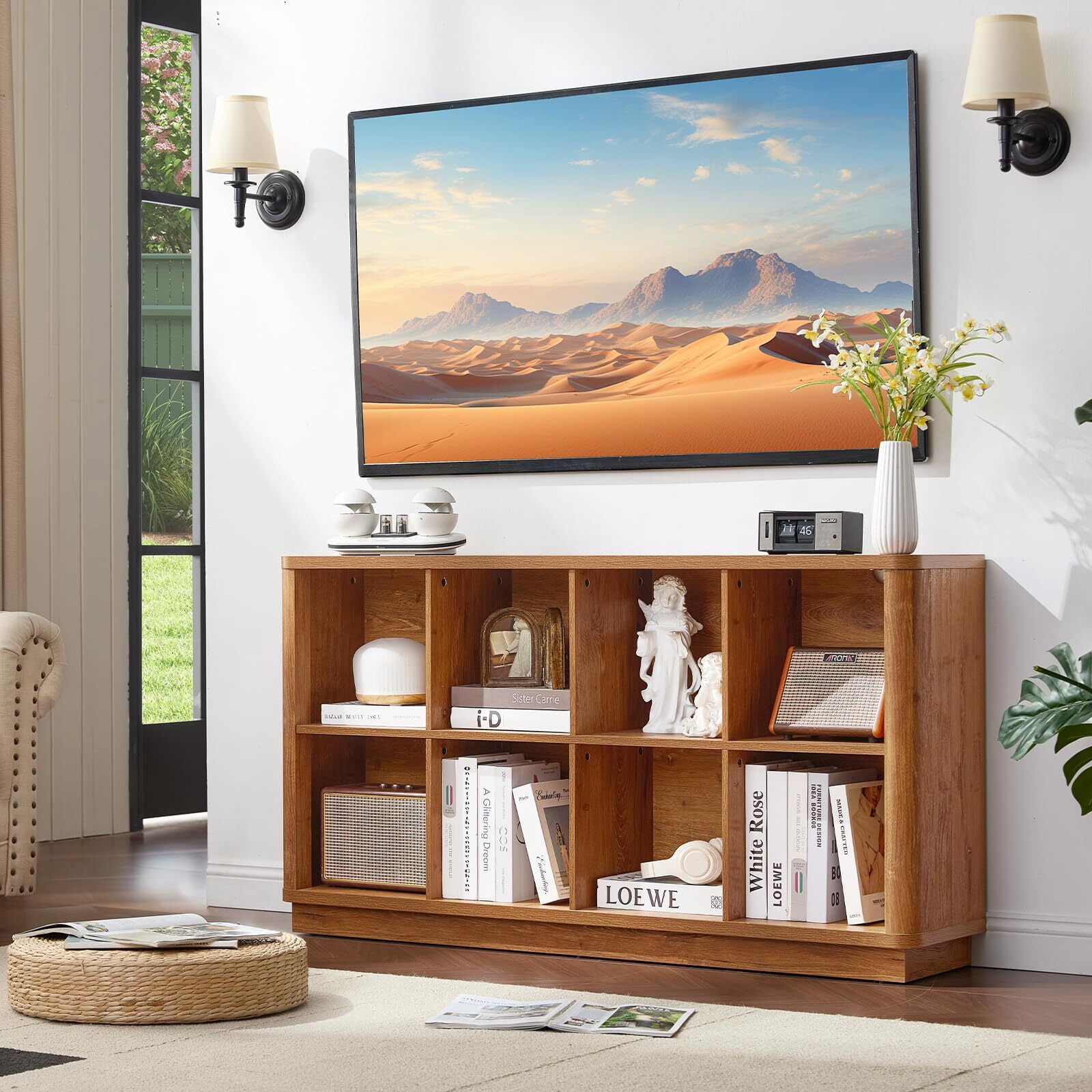 Buildhom 8-Cube 2-Tier Storage Bookcase, 52" Long Horizontal Bookshelf with Curved Edge for Living Room, Tea Color