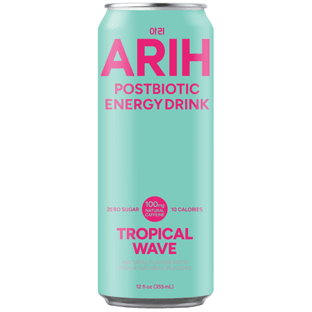 ARIH Postbiotic Energy Drink, Zero Sugar Clean Energy Drink with 100mg Natural Caffeine, Tropical Wave, 12 fl oz