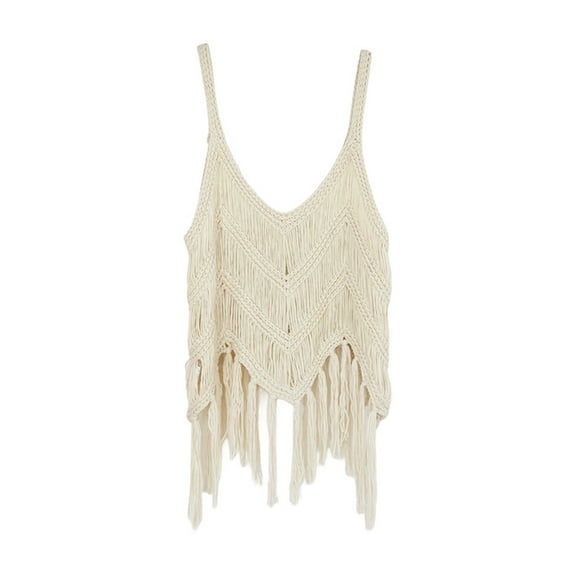 Yigetop Boho Crop Tops for Women, Women‘S Fringe Western Tassel Tank Tops Sleeveless V Neck Crochet Crop Top Boho Knitted Spaghetti Straps Vest Fringe Tops for Women Beige L