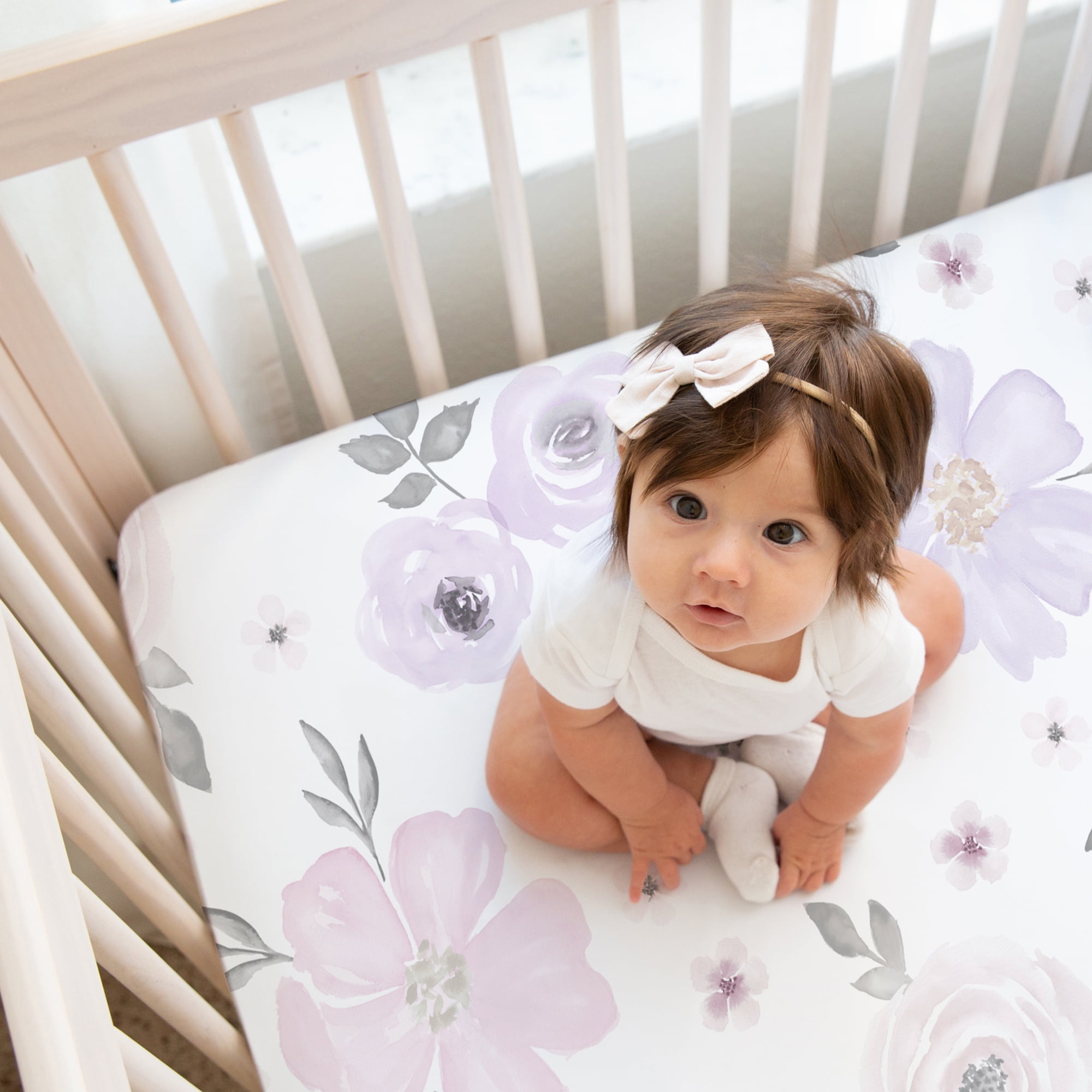 Sweet Jojo Designs Watercolor Floral Purple and Pink and Grey Fitted Crib Sheets 2 Piece Set