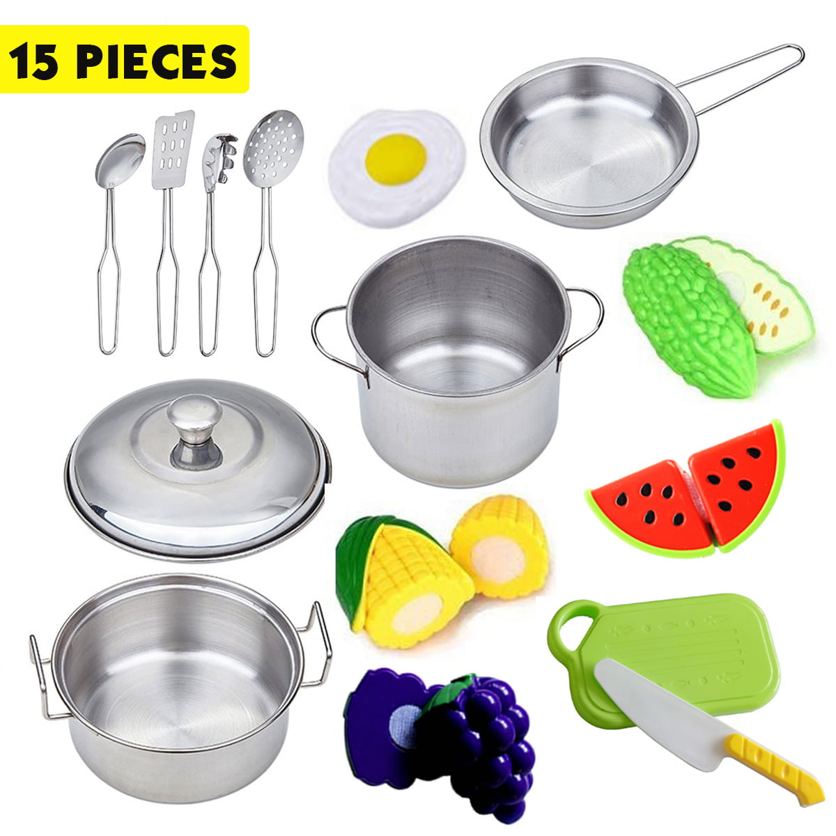 16pcs Stainless Steel Pots and Pans Cookware Pretend Kitchen Play Set for Kids 