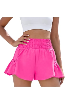 Athletic Shorts Womens High Waisted Running Shorts Workout Gym Ruffle Quick Dry Flowy Shorts with Pockets Hot Pink M