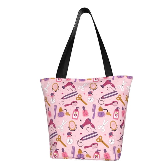 TEQUAN Reusable Shoulder Tote Bags, Pink Hair Salon Prints Polyester Casual Shopping Grocery Bag for Women