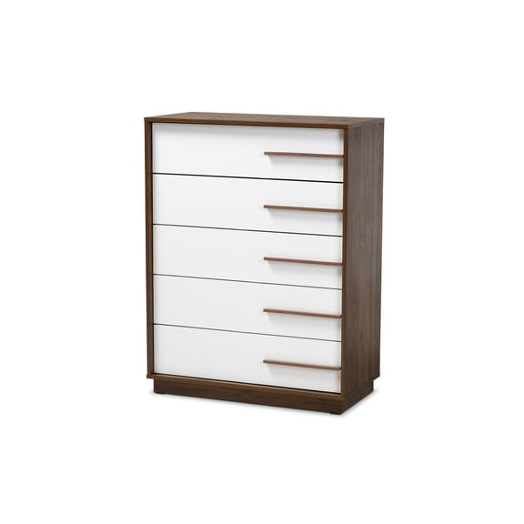 Baxton Studio Mette Mid-Century Modern Two-Tone White and Walnut Finished 5-Drawer Wood Chest