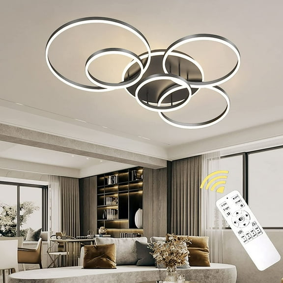 Modern Led Flush Mount Ceiling Light, 5 Rings Light Fixtures 80W Dimmable with Remote Acrylic, (Black)