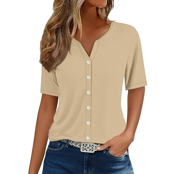 Articles en Liquidation Chemises pour Femmes Chemises Mixtes pour Femmes Hauts d'Été pour Femmes Mode 2025 Chemises à Col en V à Imprimé Blouses Décontractées à Boutons à Manches Courtes