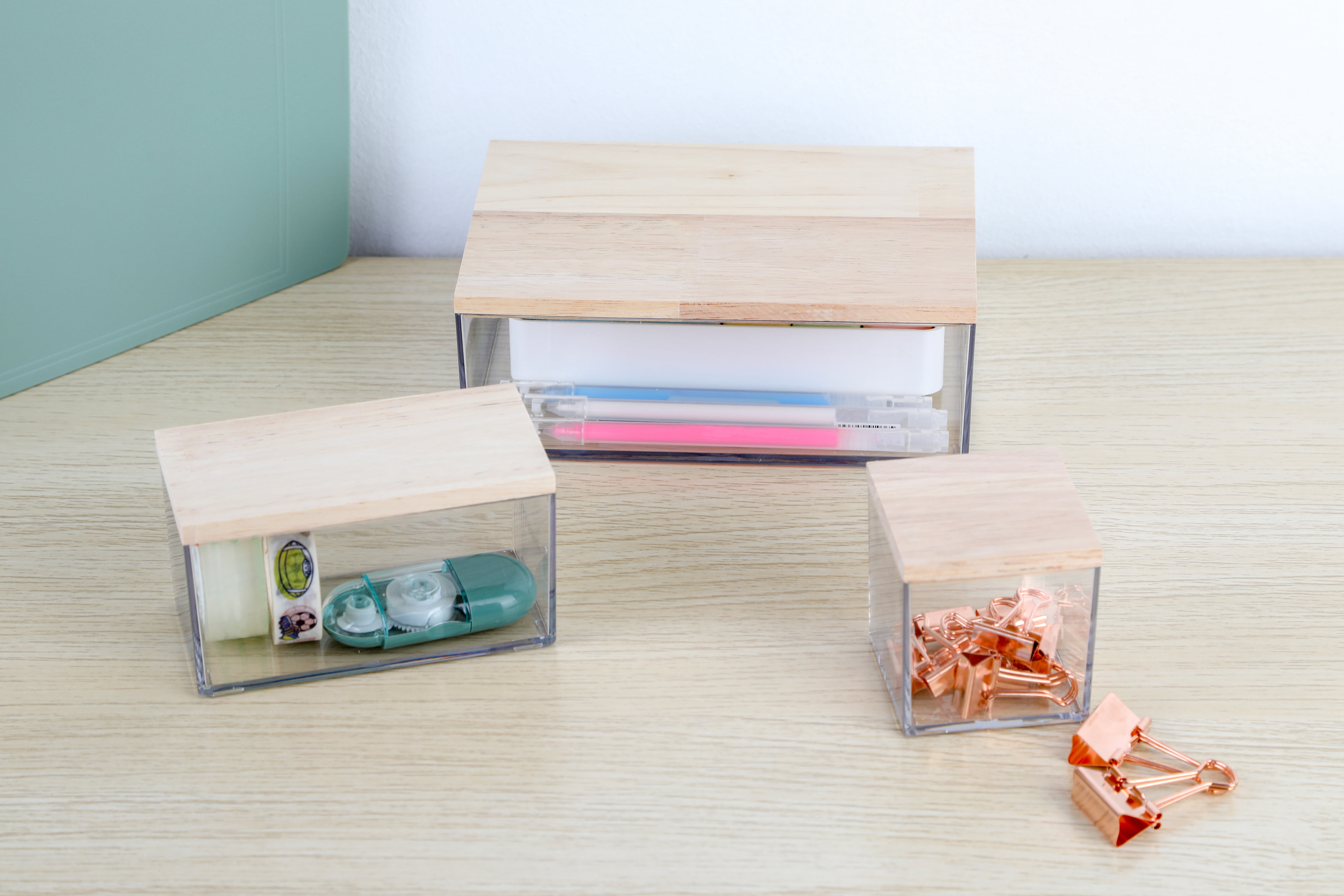 Pen+gear Organizational Storage Box with Woodgrain Pattern Lid, Silver Gray