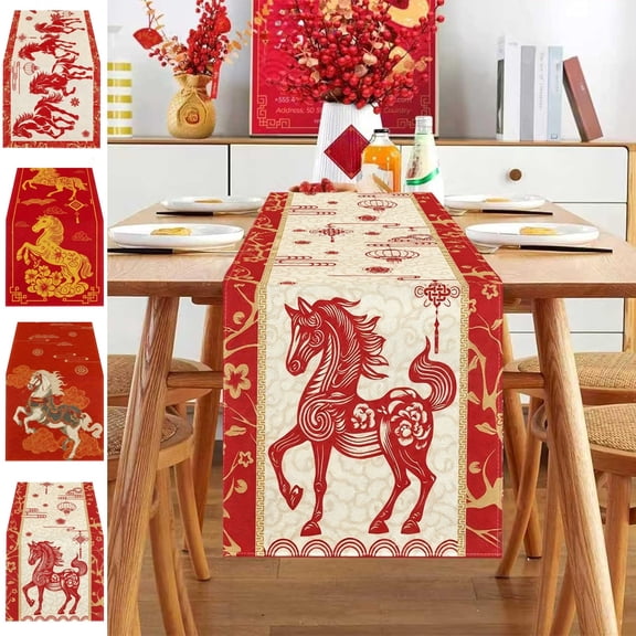 KOYPTL Chinese New Year Table Runner 2026 Paper Cutting Style,Year of The Horse Table Decorations Lunar Spring Festive Kitchen Dining Decor for Holiday Party,Zodiac Horse Indoor Home Ornament 13"x47"
