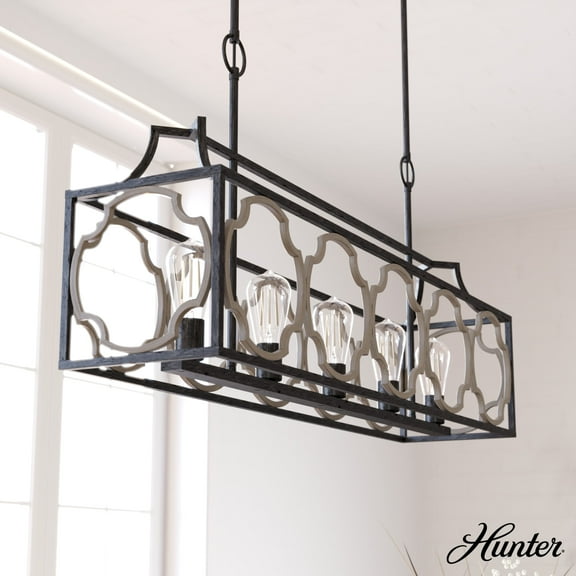 Hunter - Stone Creek 5-light French Oak, Extra Large Chandelier, Dimmable, Rustic Style, Linear Shaped, for Bedrooms, Dining, Living Rooms - 19231