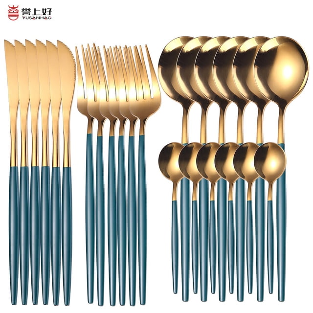 Juego de vajilla dorada de 24 uds, juego de vajilla de acero inoxidable, cuchillo, tenedor, cuchara, juego de cubiertos de lujo, caja de regalo, cubiertos, apto para lavavajillas Tan Jianjun unisex