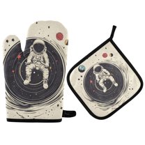 Yayeee Oven Mitts and Pot Holder Set of 4 Heat Resistant Kitchen Gloves Baking Hot Pad, Beige Astronaut Space