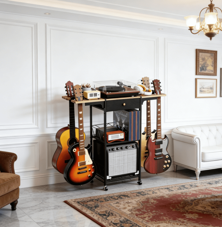 【Mulaibdin】Portable 3-Tier Rolling Guitar Stand with Amp Stand & Drawer, Spacious Organizer for Music Room, Bedroom & Living Room