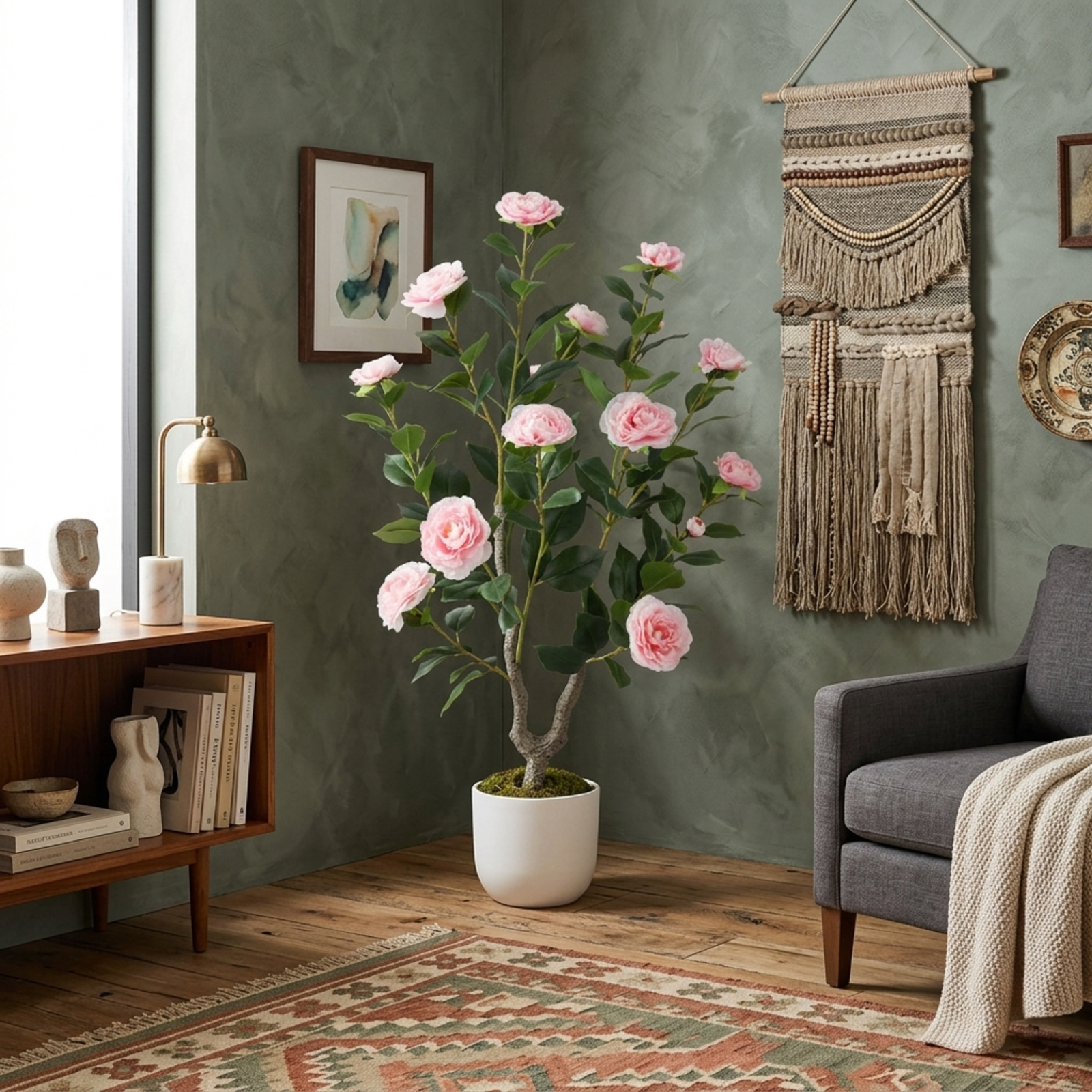 Vebreda Artificial Plant Decor, 36 Inch Artificial Camellia Tree with Blooming Flower 1 Pack, Vivid and Natural Appearance, Reliable Materials