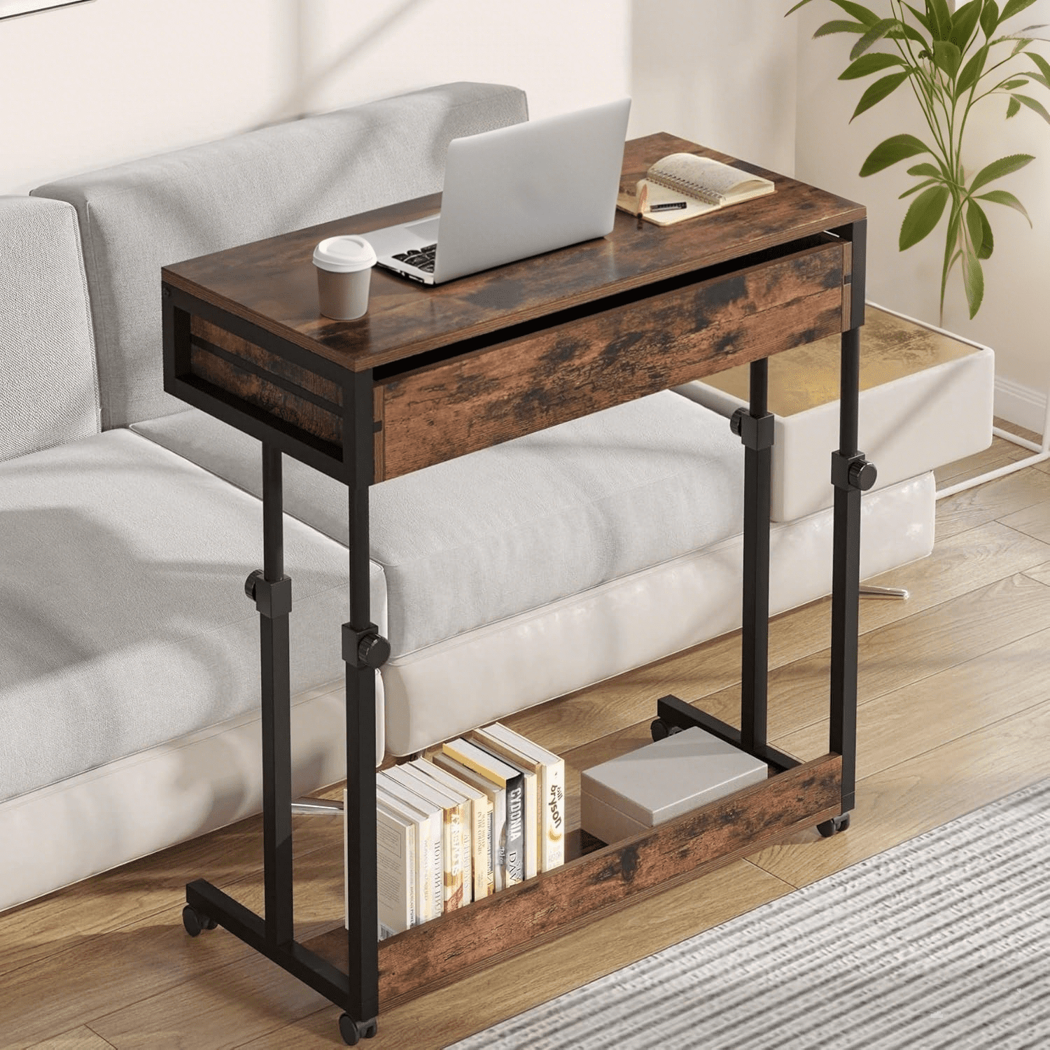 Tribesigns Portable Desk with Drawers, Mobile Laptop Desk with Wheels, Couch Side Table Bed Desk, Standing Desk for Home Office (Brown)
